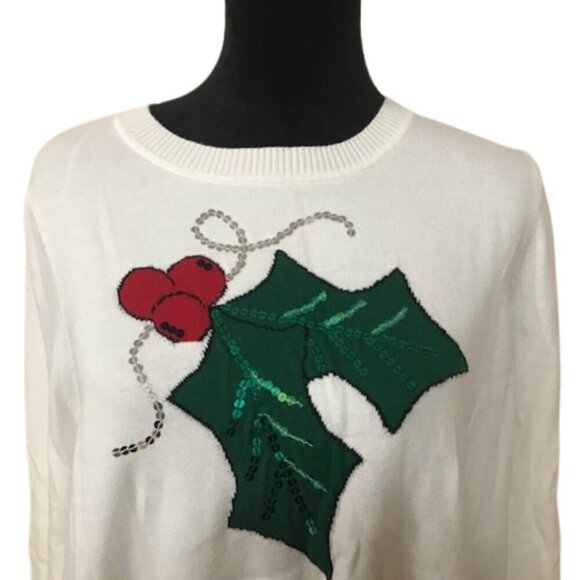 Kim Rogers White Holiday Christmas Sequined "Ugly" Sweater Holly Berries Size XL - Picture 2 of 5